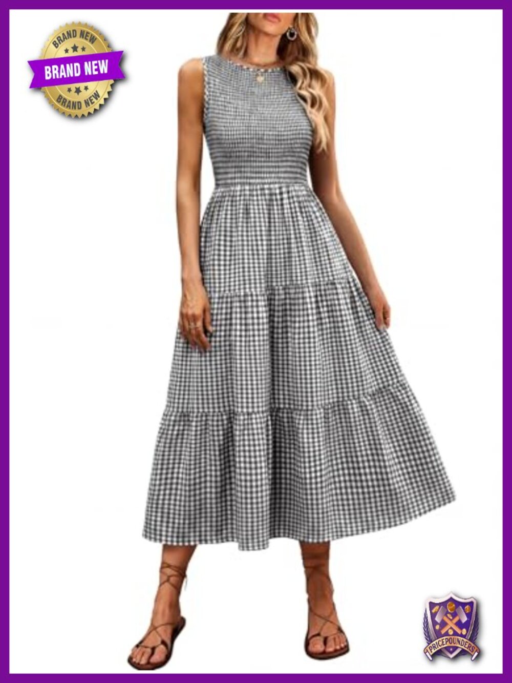 Sleeveless Crewneck Smocked Tiered Boho Maxi Dress with Pockets - Picture 1 of 6